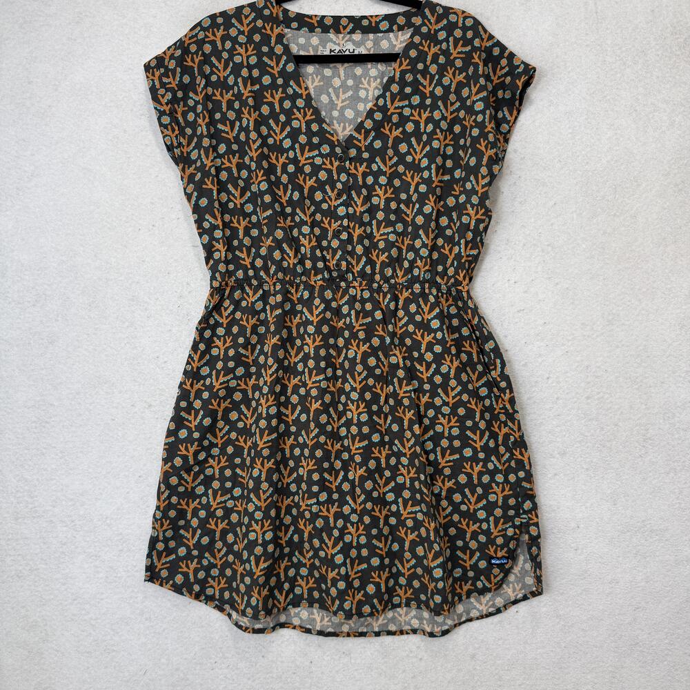 KAVU Dreamview Dress Womens Medium Black Floral V Neck Sundress Pockets